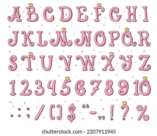 Schriftalphabet von Prinzessin, rosafarbener Text und Mädchen, Schriftart von Vektorgrafiken. Geborgene Geburtstagsschriftart mit goldener Krone, geistliche Märchenmagie und Cartoon-Rosa-Abc-Alphabet für kindisches Buch