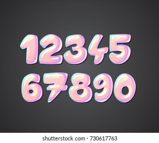 Princess font, cute sweet comic numbers. 123 numeral alphabet in the cartoon style. Caramel pink girl font numbers, numeral character. Set of caramel figure. Vector font.