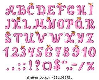 Schriftart der Prinzessin, Königstyp, Königspalette und Königin, Vektortypografie. Cartoon-Girlbriefe, Zahlen und Satzzeichen, Goldkronen und rosafarbene Polodots-Muster, Märchenschrift