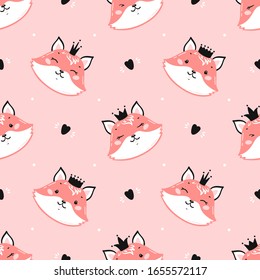 Princess Foxes. Cute Little Fox Face with Crown and Hearts Seamless Pattern. Kawaii Animal Heads Childish Vector Background for Kids Fashion Design. Print for Nursery Wallpaper, Baby Shower, Birthday