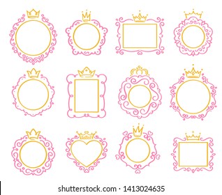 Princess frame. Cute crown border, royal mirror frames and majestic prince doodle borders isolated vector set