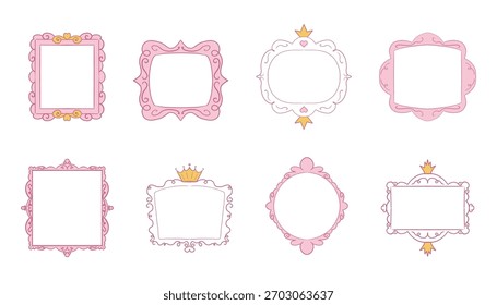 Princesa marco espejo conjunto línea hada. Espejos lindos caprichosos del doodle con la corona para la princesa del bebé. Colección elegante decoración pastel.