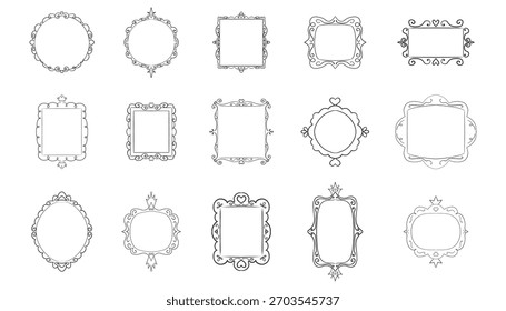 Princesa marco espejo conjunto línea hada. Espejos lindos caprichosos del doodle con la corona para la princesa del bebé. Colección elegante decoración pastel.