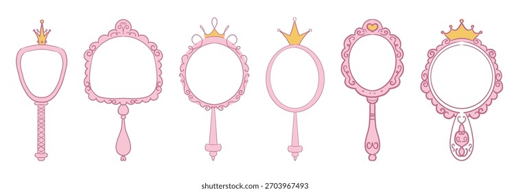 Princesa marco espejo conjunto línea hada. Espejos lindos caprichosos del doodle con la corona para la princesa del bebé. Colección elegante decoración pastel.