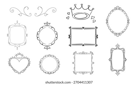 Princesa marco espejo conjunto línea hada. Espejos lindos caprichosos del doodle con la corona para la princesa del bebé. Colección elegante decoración pastel.