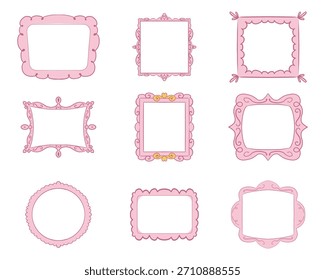 Princess frame mirror set line fairy. Whimsical cute doodle mirrors with crown for baby princess. Collection elegant pastel decor.
