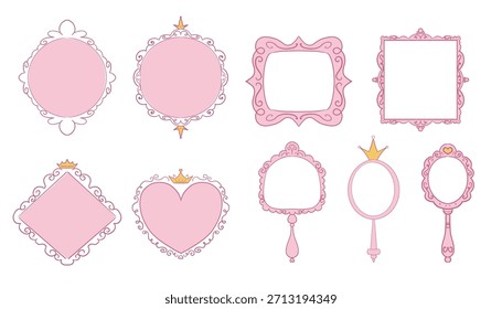 Princesa marco espejo conjunto línea hada. Espejos lindos caprichosos del doodle con la corona para la princesa del bebé. Colección elegante decoración pastel.