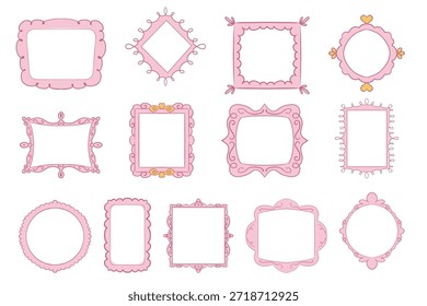 Princesa marco espejo conjunto línea hada. Espejos lindos caprichosos del doodle con la corona para la princesa del bebé. Colección elegante decoración pastel.