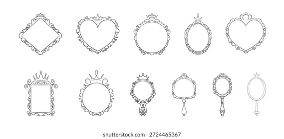 Princesa marco espejo conjunto línea hada. Espejos lindos caprichosos del doodle con la corona para la princesa del bebé. Colección elegante decoración pastel.