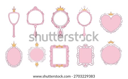 Princess frame mirror set line fairy. Whimsical cute doodle mirrors with crown for baby princess. Collection elegant pastel decor.