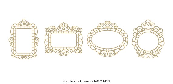 Princess Frame. Royal Mirror Frame And Majestic Prince Doodle Border. Cute Crown Border. Outline Vector Illustration. 