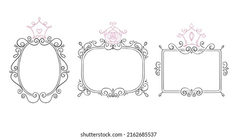 Princess frame set. Royal mirror frames and majestic prince doodle borders. Cute crown border. Outline vector illustration. 