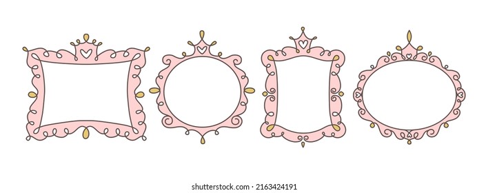 Princess Frame Set. Royal Mirror Frames And Majestic Prince Doodle Borders. Cute Crown Border. Outline Vector Illustration. 