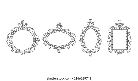 Princess Frame Set. Royal Mirror Frame And Majestic Prince Doodle Border. Cute Crown Border. Outline Vector Illustration. 