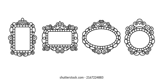 Princess Frame Set. Royal Mirror Frame And Majestic Prince Doodle Border. Cute Crown Border. Outline Vector Illustration. 