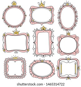 Princess frames. Pink cute floral mirror frames with crown, kids certificate borders. Little girl birthday invitation card vector creative vintage royal romantic template set