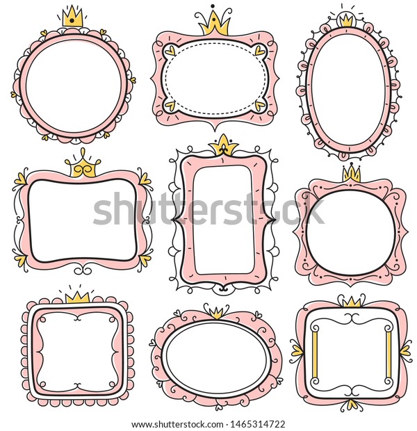 Princess frames. Pink
cute floral mirror frames with crown, kids certificate borders.
Little girl birthday invitation card vector creative vintage royal
romantic template set