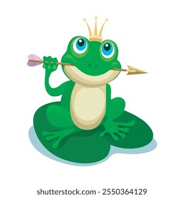 Princess frog. Anuran with golden crown golds and caught arrow in her mouth isolated vector illustration