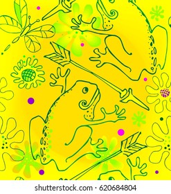 Princess Frog with an arrow in green, pink, beige and purple colors a seamless pattern on a yellow background.