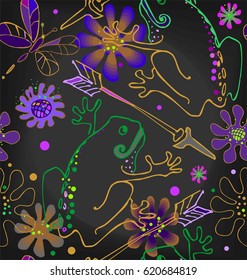 Princess Frog with an arrow in green, pink, blue, beige and purple colors a seamless pattern on a black background.