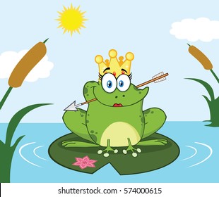 Princess Frog Cartoon Mascot Character With Crown And Arrow Perched On A Pond Lily Pad In Lake. Vector Illustration With Background