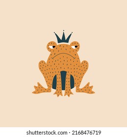 Princess frog with a crown hand drawn vector illustration. Funny isolated fairy tale animal character for kids logo or icon.