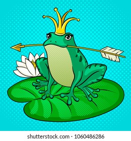 Princess Frog fairy-tale animal pop art retro vector illustration. Color background. Comic book style imitation.