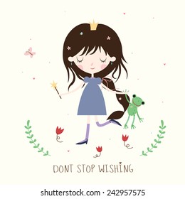 Princess and frog illustration. Whimsical background or card. Vector.