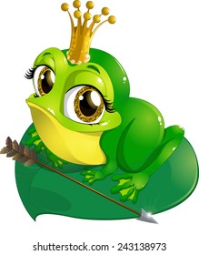 Princess the frog that sits on a sheet of water lilies on a white background