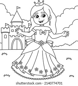 Princess In Front Of The Castle Coloring For Kids