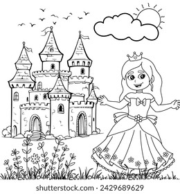 
Princess in Front of the Castle Isolated hand drawn Coloring page