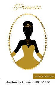 Princess full face black silhouette in tiara, necklace and ball gown. Queen in gold full-length dress, crown and gloves. In patterned gold glitter frame. Cameo for beauty salon, wedding invitations.