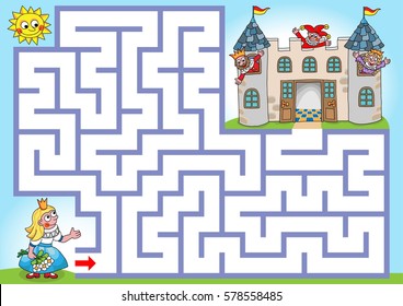 Princess in a garden. Help princess to find a path back to the castle.
Labyrinth for kids. Landscape, easy.