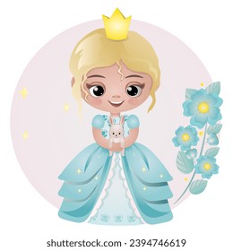 Princess girl with animal, bunny, rabbit, hare and flowers.Fairy girl with flowers and bunny. Cute girl flowers. Vector illustration isolated white background.Greeting card design, poster, print. Doll