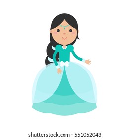 Princess girl in beautiful dress with tiara. Vector illustrations in flat style. Isolated on white background