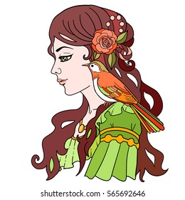 Princess girl with bird decorative vector illustration. Woman face for decorative print on t-shirt.