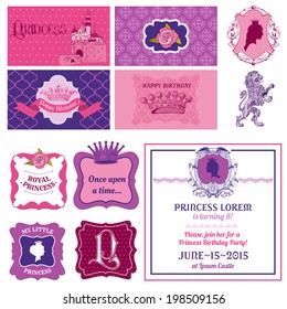 Princess Girl Birthday Set. Scrapbook, Party Decoration. Vector