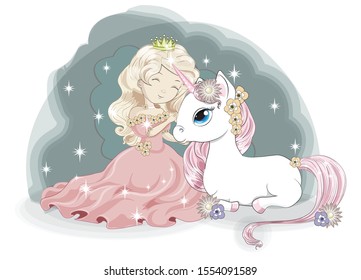 princess girl blonde and Magic white unicorn, in flower garden. Picture in hand drawing style,  for t-shirt wear fashion print design, greeting birthday card. postcard, baby shower. party invitation.