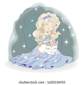 princess girl blonde and Magic white unicorn, in star. Picture in hand drawing style,  for t-shirt wear fashion print design, greeting birthday card. postcard, baby shower. party invitation.