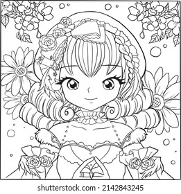 princess girl cartoon coloring page cute kawaii manga line art doodle drawing style