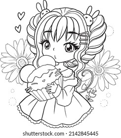 princess girl character cartoon coloring page cute kawaii manga line art doodle drawing style