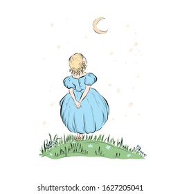 Princess girl dressed in blue dress looks at the moon. 