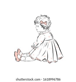 Princess girl dressed in dress, socks, shoes, with bows on the hair sitting. 