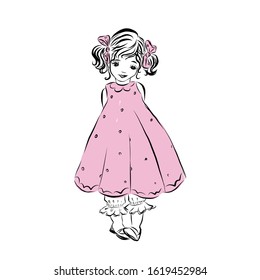 Princess girl dressed in pink dress and with two ponytails with bows. 