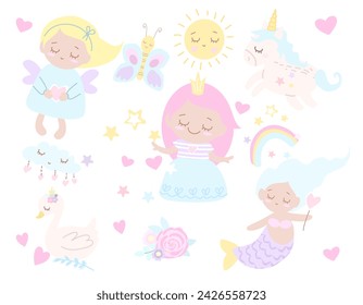 Princess girl, fairy, mermaid, cute girl, swan, unicorn, butterfly set, collection. Fairytale pattern, set. Child, kids, children. Vector illustration isolated on white background. Funny, cartoon girl