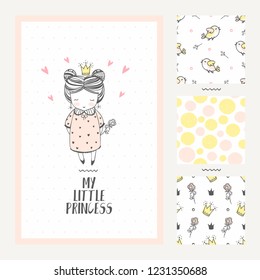 Princess girl illustration greeting card 
 template with three seamless background patterns.