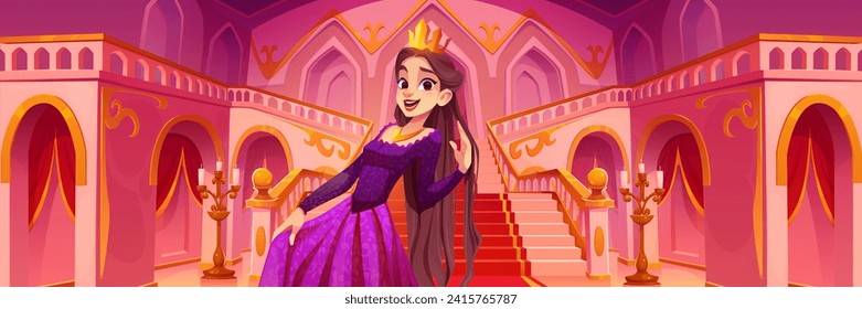 Princesa de cabello largo marrón y corona en el salón del castillo con escaleras. Interior de palacio de cuento de hadas con una sonriente feliz persona real con un vestido largo. Fantasía en el pasillo medieval del reino con escalera.