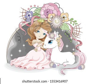 princess girl and Magic white unicorn, in flower garden. Picture in hand drawing style,  for t-shirt wear fashion print design, greeting birthday card. postcard, baby shower. party invitation.