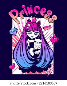 Princess girl in manga style. Illustration of Anime girl teenager holding cat on comics background with sign of diamond, heart, lightning.