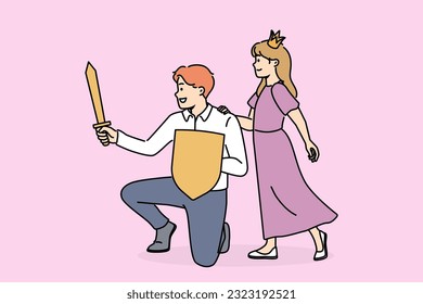 Princess girl near father with knight sword spend time together playing royal family from fairy tales. Hero protect princess from enemies saving little daughter for fatherhood concept